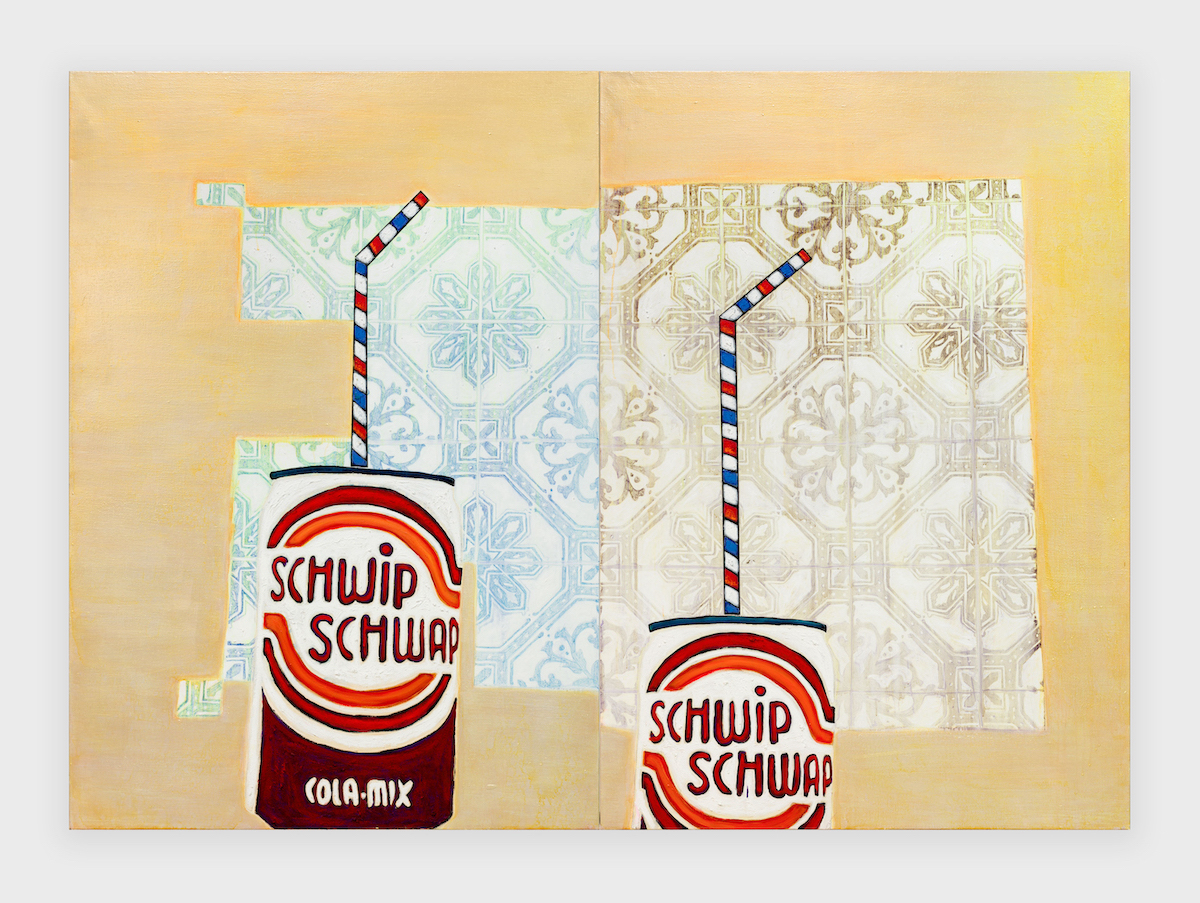 <i>Not many but more than one</i>, 2024. Ballpen, rabbitskinglue, pigments, Acrylic and oil on canvas diptych 78 3/4 x 118 1/8 in (200 x 300 cm)